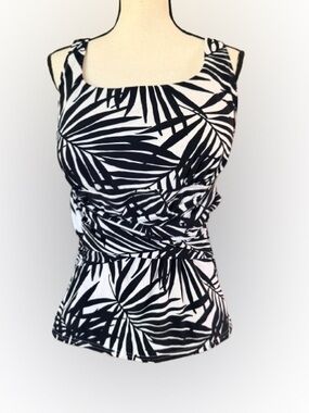 Lands’ End 16 DDD Tummy Control Tankini Top Black White Palm Print Swim Top